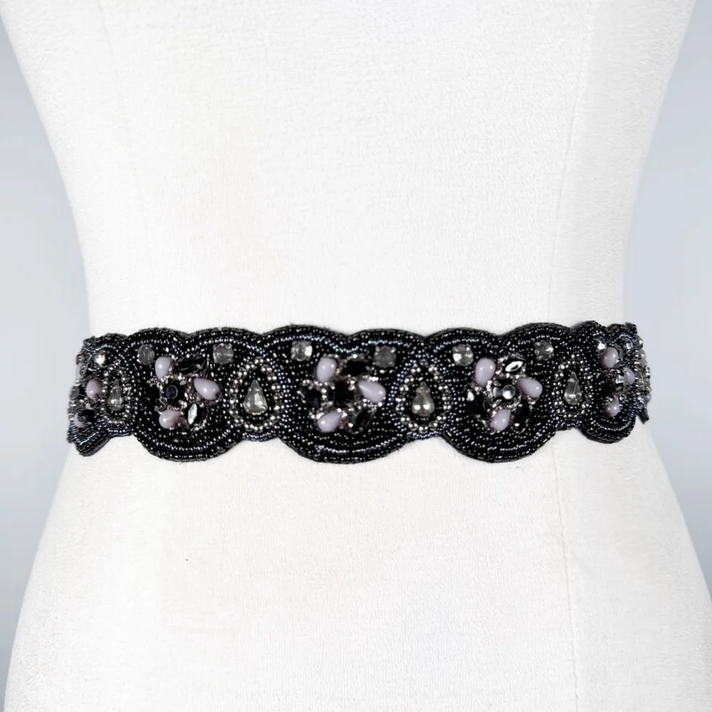 Stunning Special Occasion Statement Waist Belt Black Blue Beaded Stretch Size S
